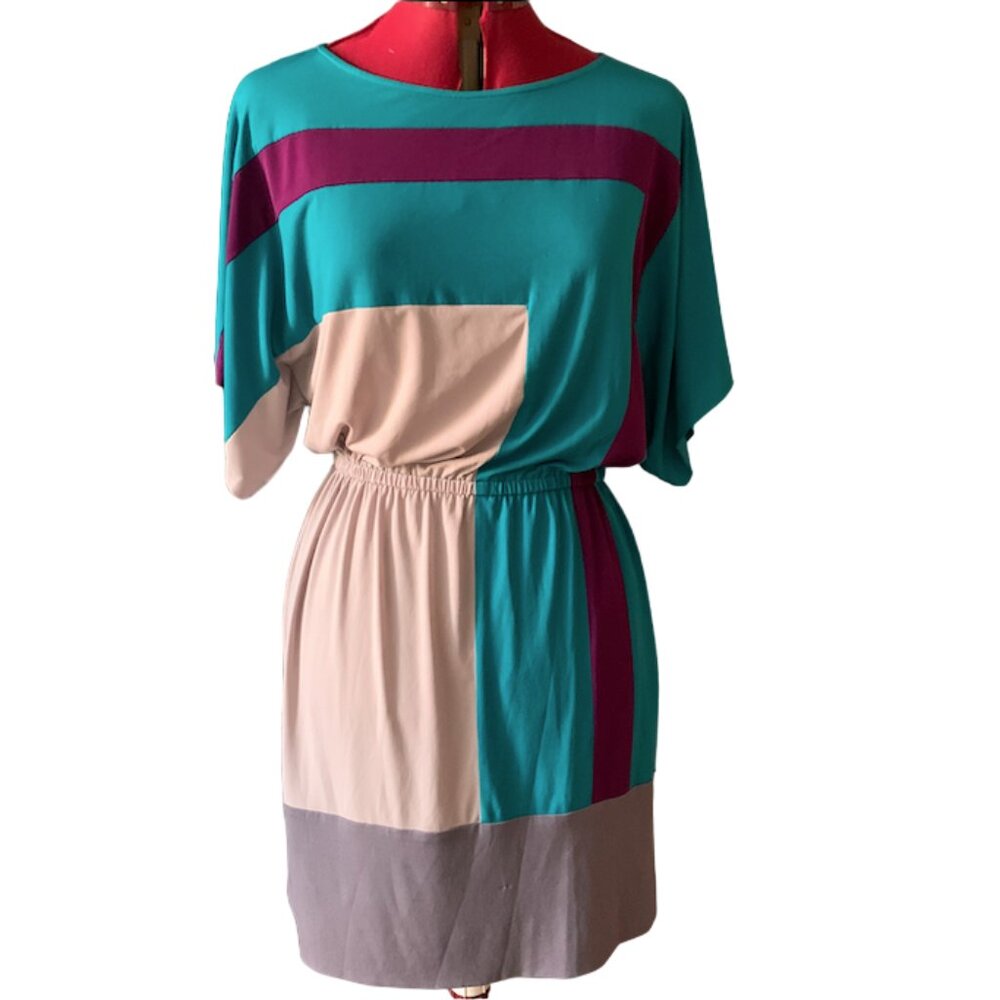 SURI CHIN | Colorblock Dolman Sleeve Dress | Teal, grey burgundy | Size 8